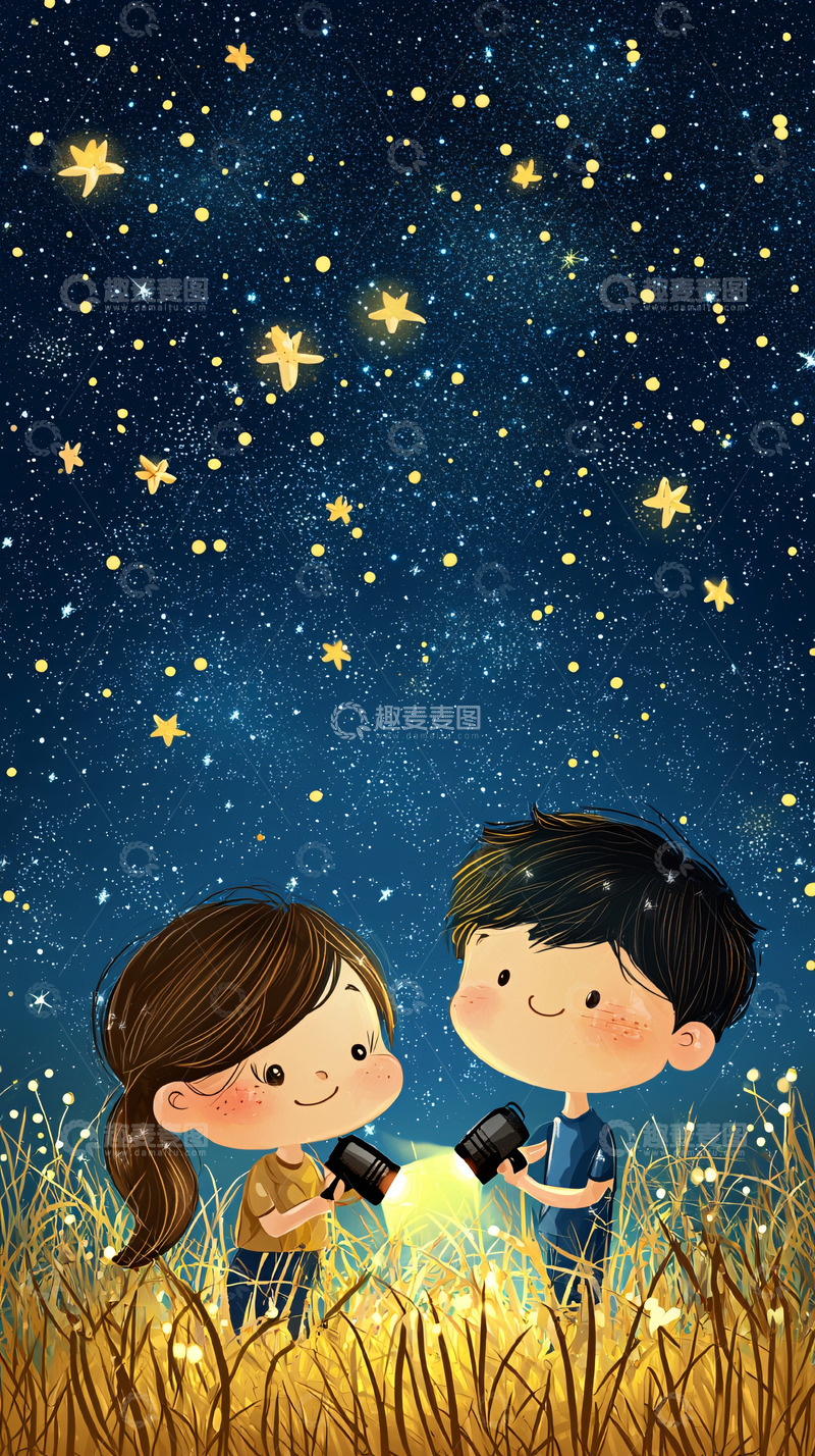 高清大图下载【趣麦麦图】星空下情侣卡通