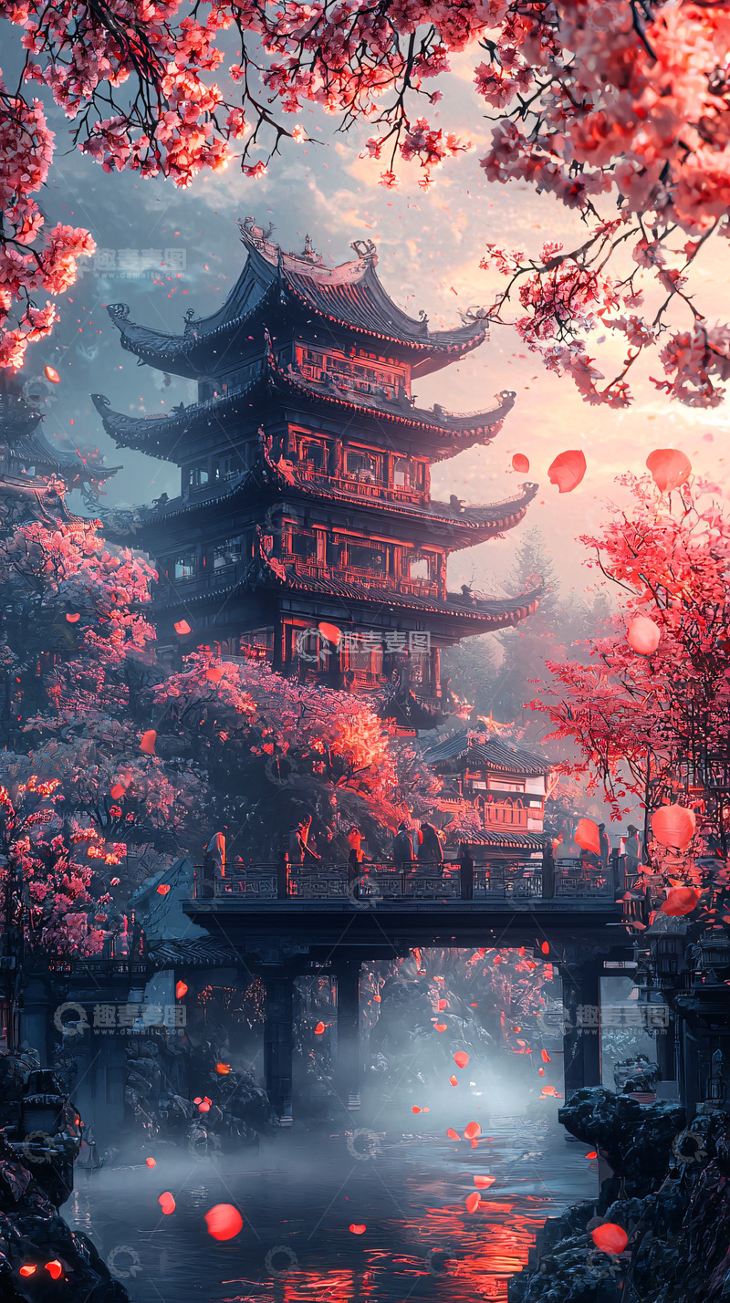 高清大图下载【趣麦麦图】樱花盛开下的古建筑