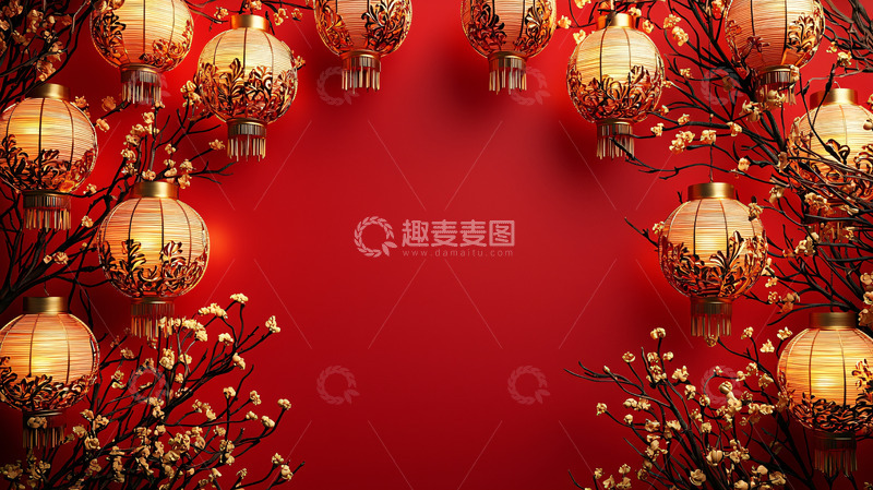 高清大图下载【趣麦麦图】红色背景喜庆灯笼