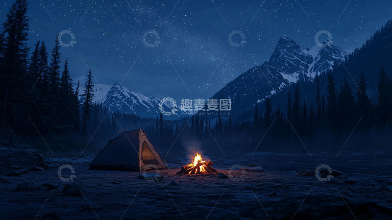 高清大图下载【趣麦麦图】星空下营地篝火