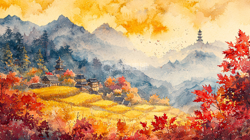 高清大图下载【趣麦麦图】秋色山水水墨风格
