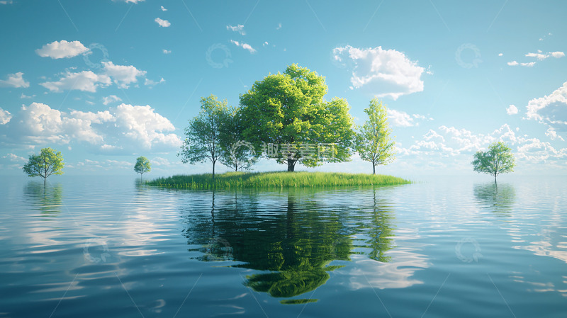 高清大图下载【趣麦麦图】湖中小岛上的树木