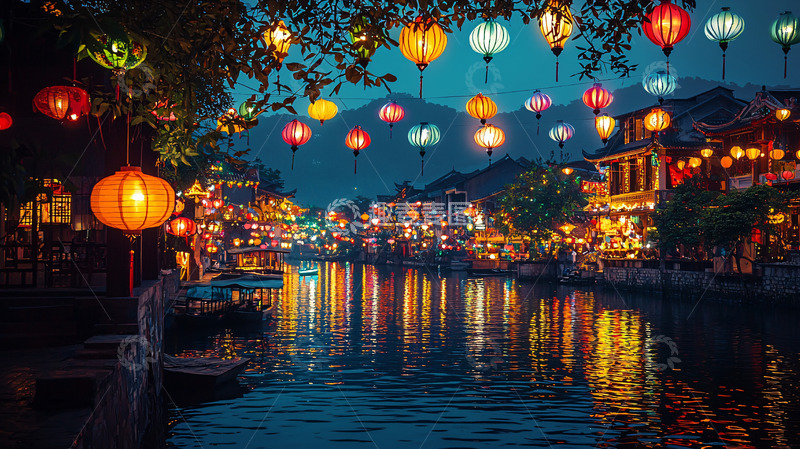 高清大图下载【趣麦麦图】夜幕下的灯笼河景