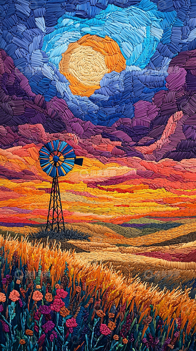 高清大图下载【趣麦麦图】日落风车田园风光