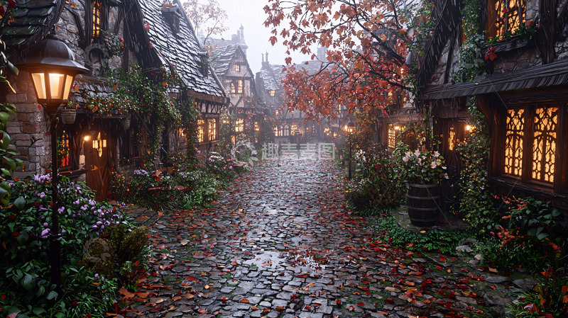 高清大图下载【趣麦麦图】秋雨中的童话小镇