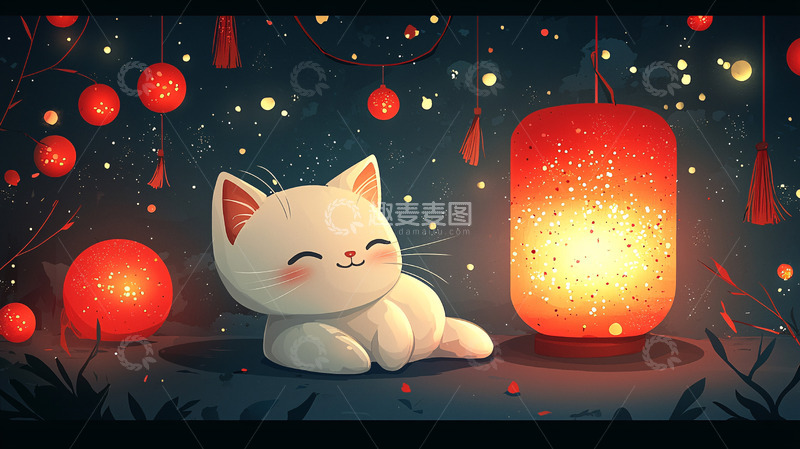 高清大图下载【趣麦麦图】可爱猫咪与红灯笼