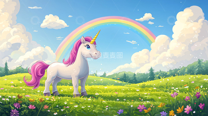 高清大图下载【趣麦麦图】彩虹独角兽草原风景