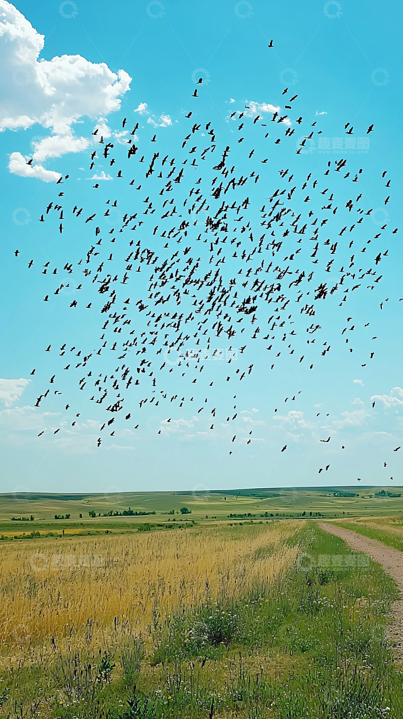 高清大图下载【趣麦麦图】蓝天白云下飞翔的鸟群