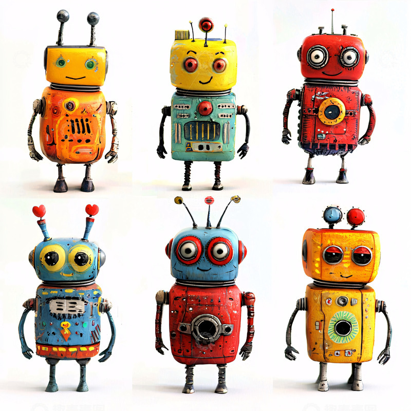 高清大图下载【趣麦麦图】六个卡通复古机器人