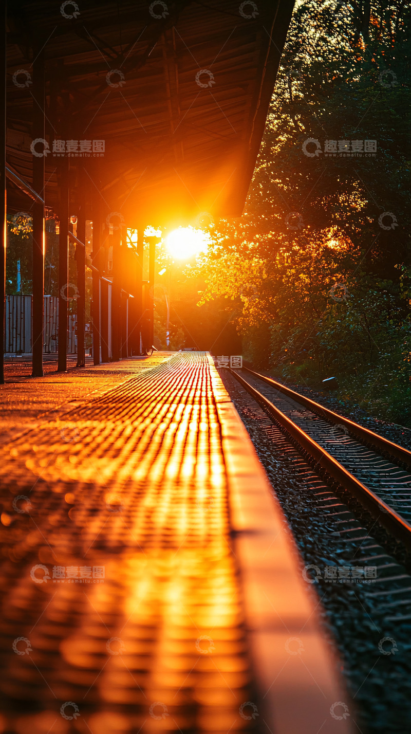 高清大图下载【趣麦麦图】夕阳西下火车站台