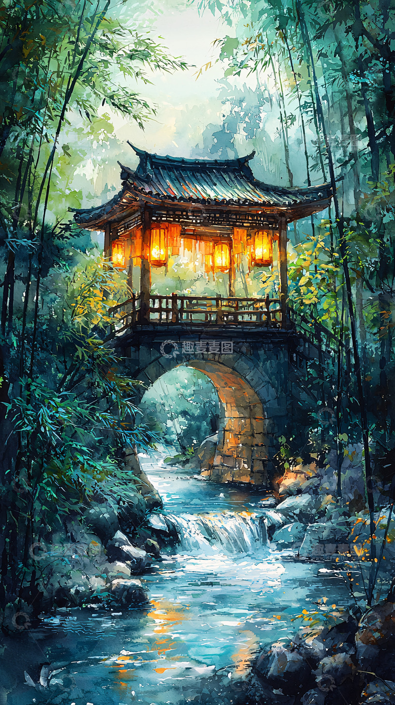高清大图下载【趣麦麦图】竹林深处的中式亭台楼阁