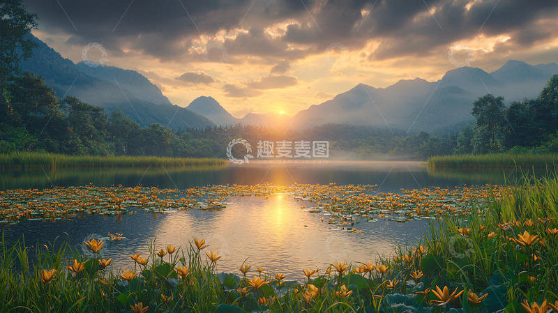 高清大图下载【趣麦麦图】湖面日出下的宁静
