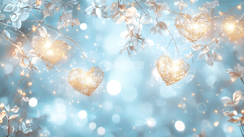 蓝光背景下心形灯饰