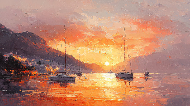 高清大图下载【趣麦麦图】日落海景帆船