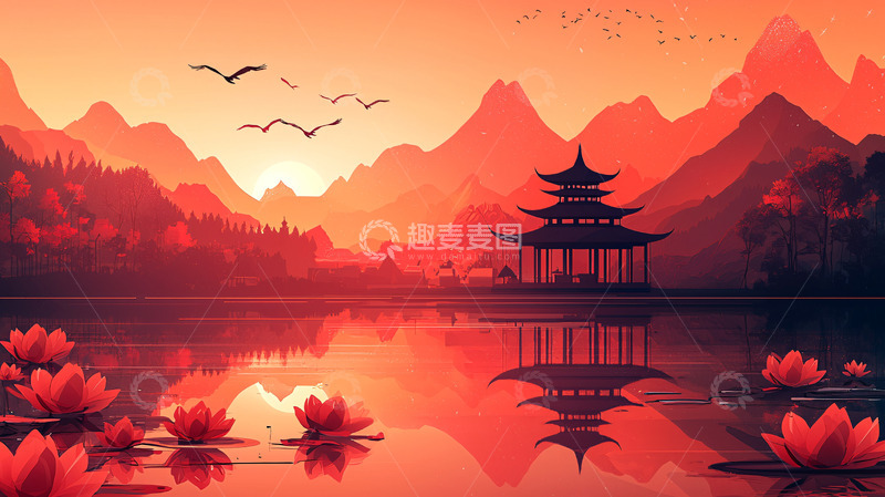 高清大图下载【趣麦麦图】日落山水水墨画