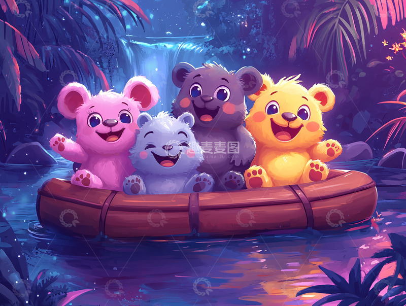高清大图下载【趣麦麦图】四只小熊乘木筏漂流