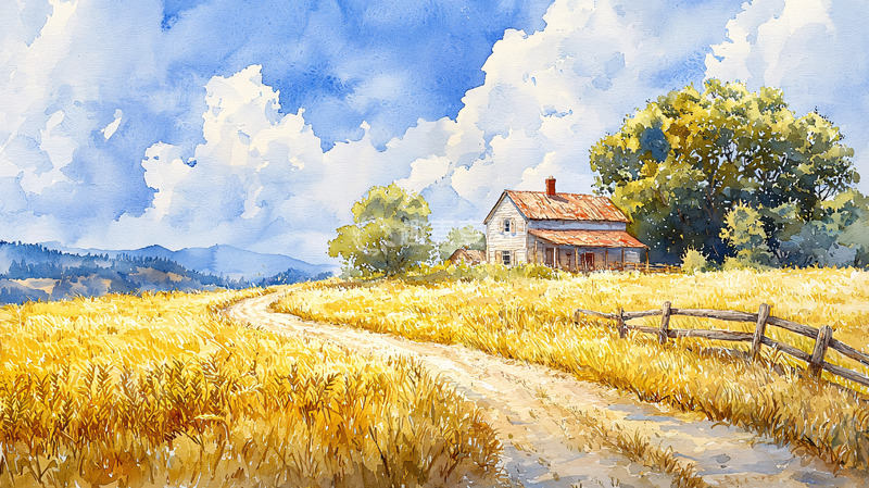 高清大图下载【趣麦麦图】水彩田园风景画