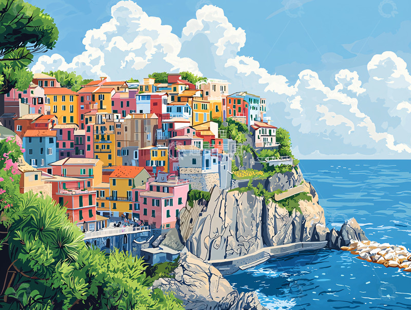 高清大图下载【趣麦麦图】悬崖上的彩色小镇