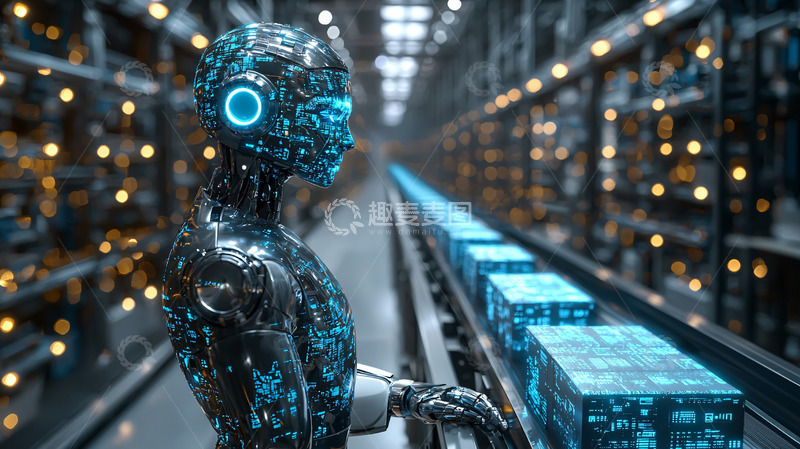 高清大图下载【趣麦麦图】未来感机器人检查传送带上的货物