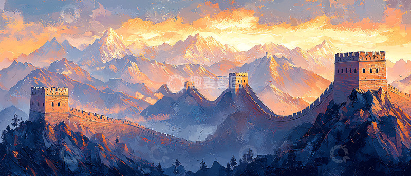 高清大图下载【趣麦麦图】长城雪山日落图