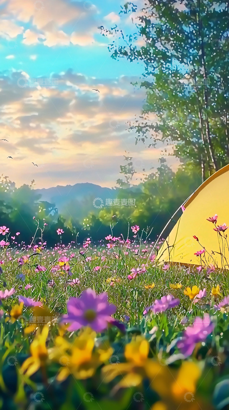 高清大图下载【趣麦麦图】帐篷与花海的清晨