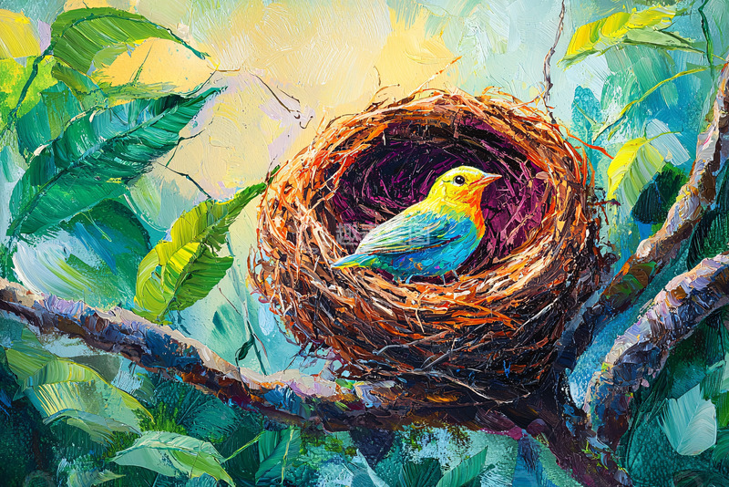 高清大图下载【趣麦麦图】鸟巢里的黄蓝小鸟