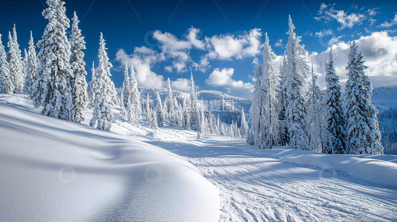 高清大图下载【趣麦麦图】雪覆盖的针叶林与蓝天