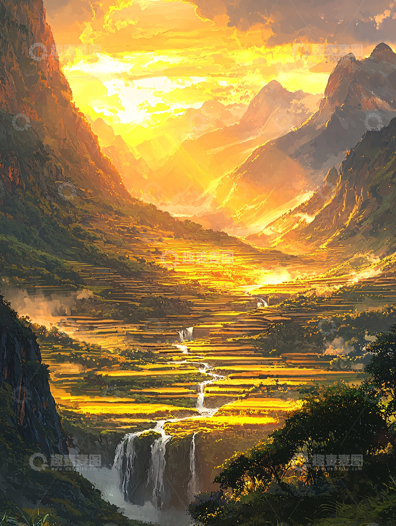 高清大图下载【趣麦麦图】金色夕阳下的梯田山谷