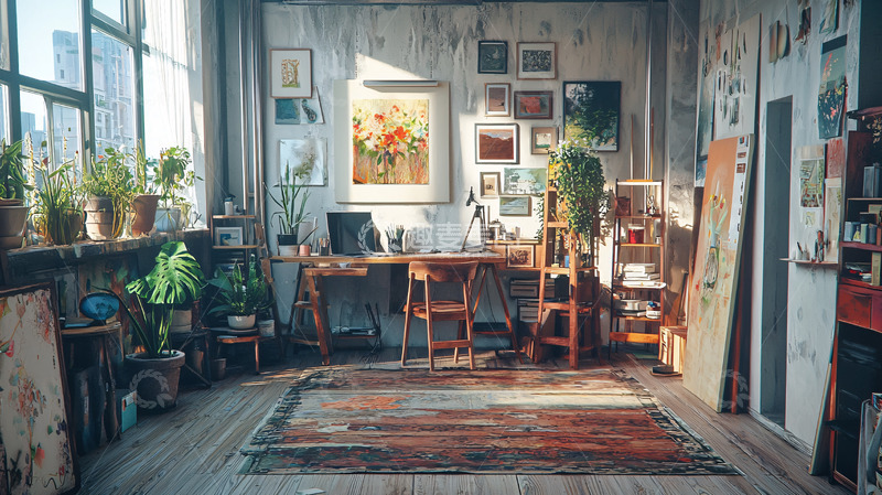 高清大图下载【趣麦麦图】阳光洒进的艺术家工作室