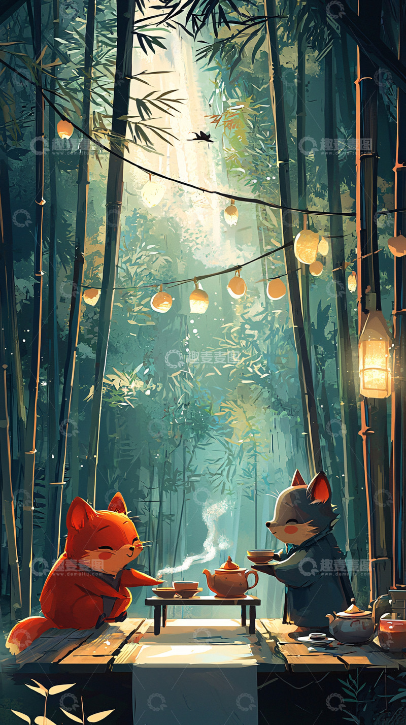 高清大图下载【趣麦麦图】森林系狐狸喝茶