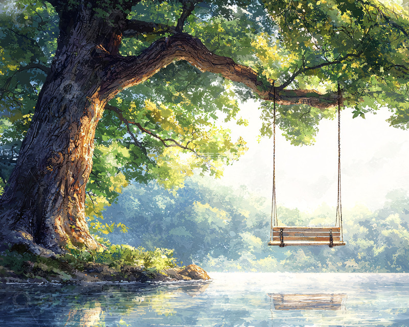 高清大图下载【趣麦麦图】树下秋千湖边风景