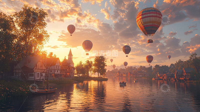 高清大图下载【趣麦麦图】日出热气球小镇风景