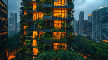 夜晚灯光下的垂直绿化建筑