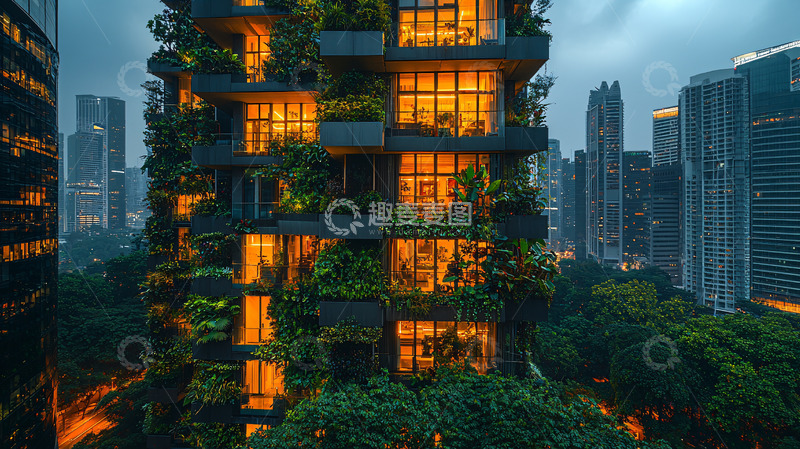 高清大图下载【趣麦麦图】夜晚灯光下的垂直绿化建筑