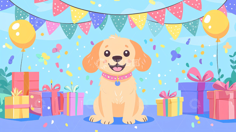 高清大图下载【趣麦麦图】可爱金毛犬生日派对