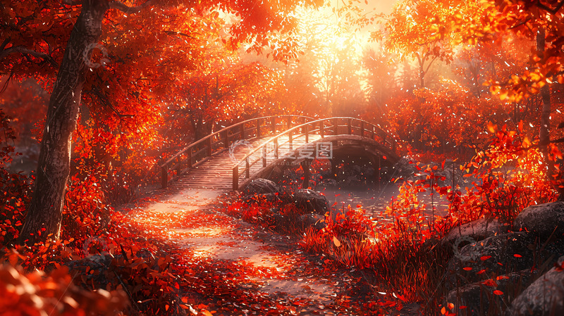 高清大图下载【趣麦麦图】秋日红叶森林小桥流水