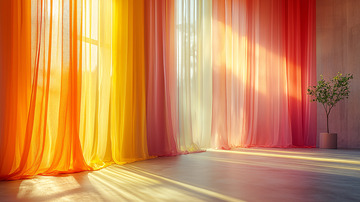 阳光透过彩色窗帘洒在地板