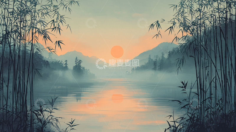 高清大图下载【趣麦麦图】清晨竹林湖泊日出