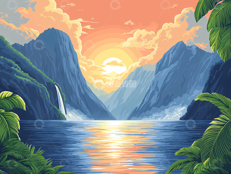 高清大图下载【趣麦麦图】峡谷日落海景图