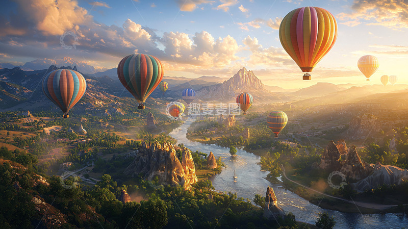 高清大图下载【趣麦麦图】热气球飞越山川河流