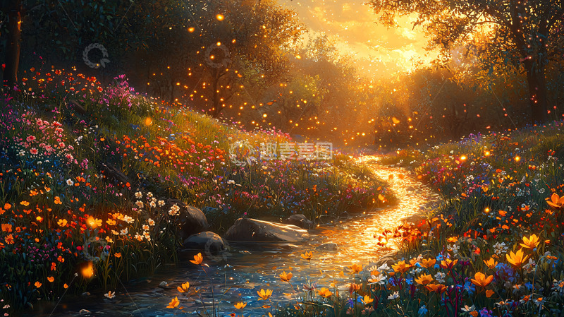 高清大图下载【趣麦麦图】阳光森林小溪花海