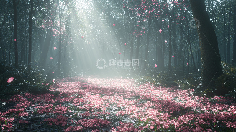 高清大图下载【趣麦麦图】光线穿过树林的粉色花瓣路