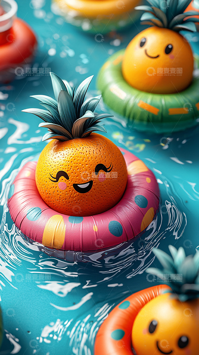 高清大图下载【趣麦麦图】橙子在泳圈里嬉戏
