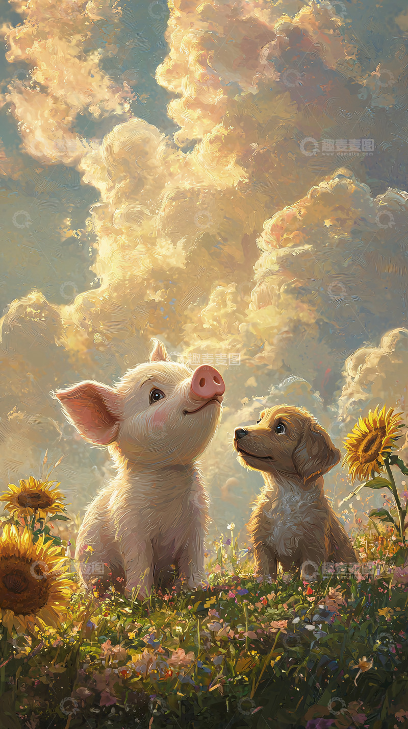 高清大图下载【趣麦麦图】小猪和小狗看日落