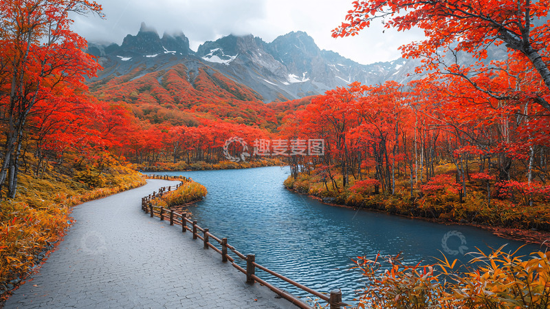 高清大图下载【趣麦麦图】秋日红叶山间小路