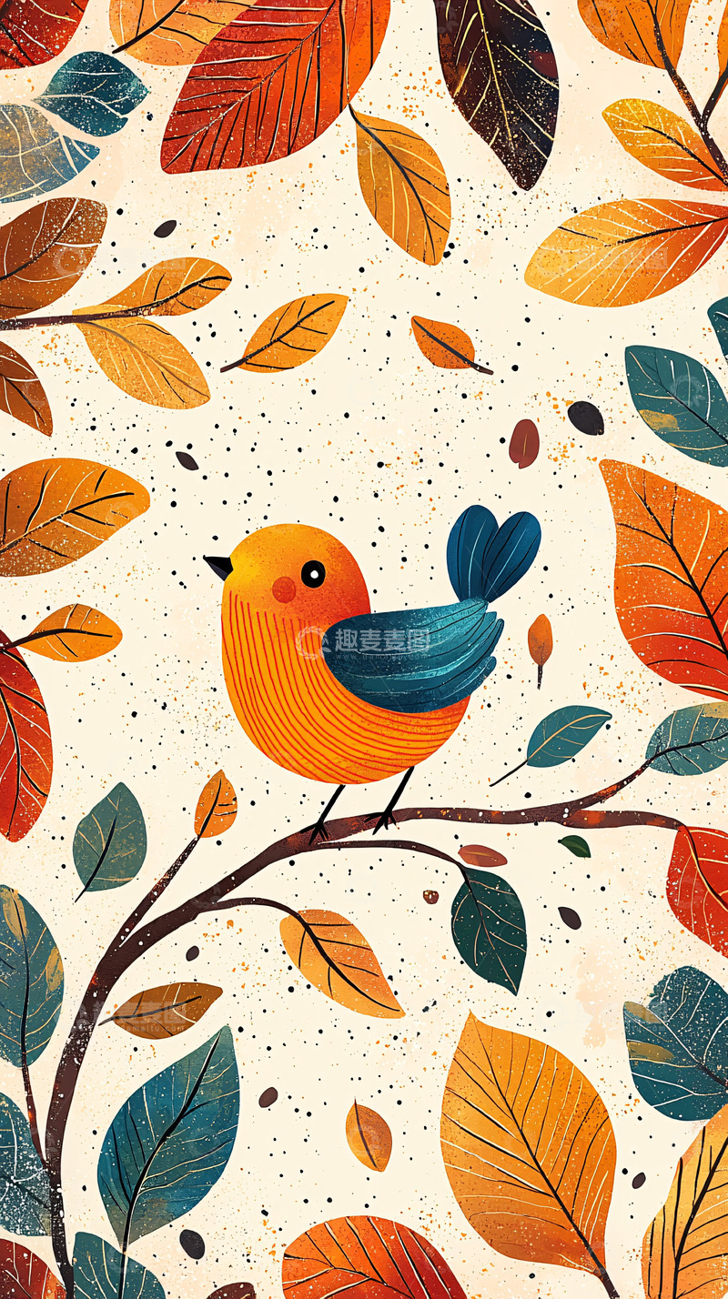高清大图下载【趣麦麦图】秋季小鸟树枝落叶