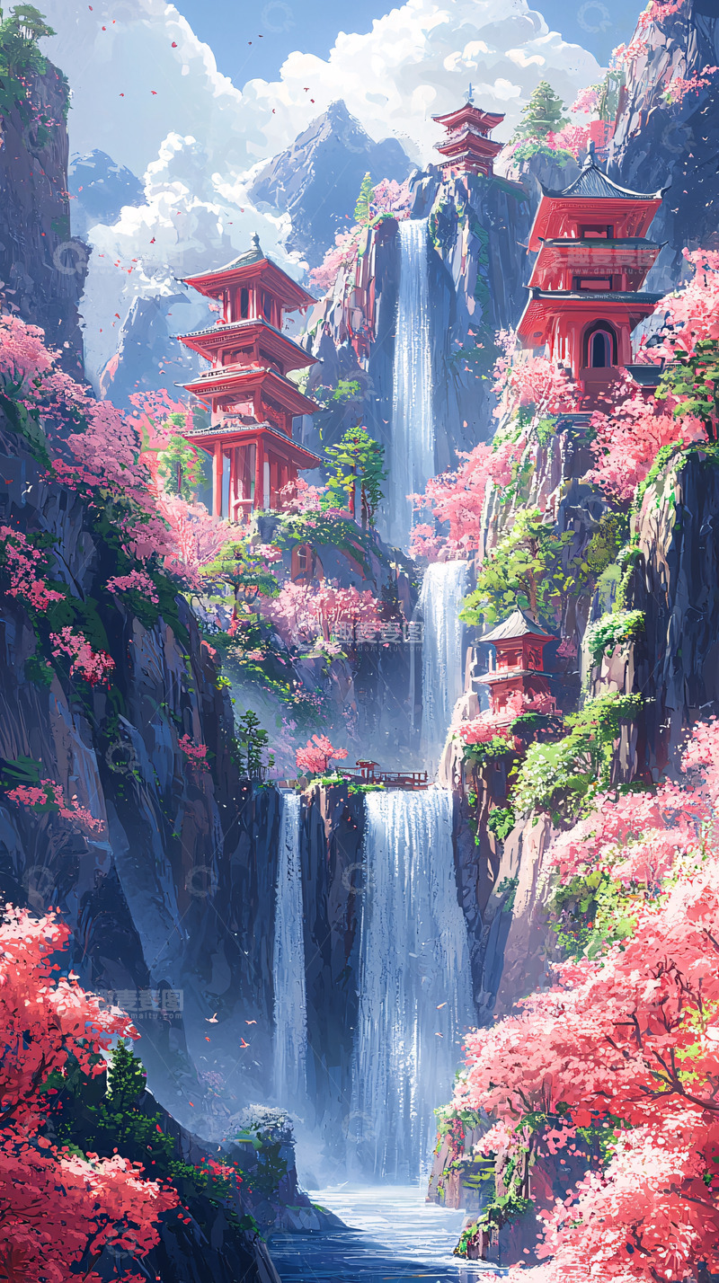 高清大图下载【趣麦麦图】美丽樱花瀑布寺庙