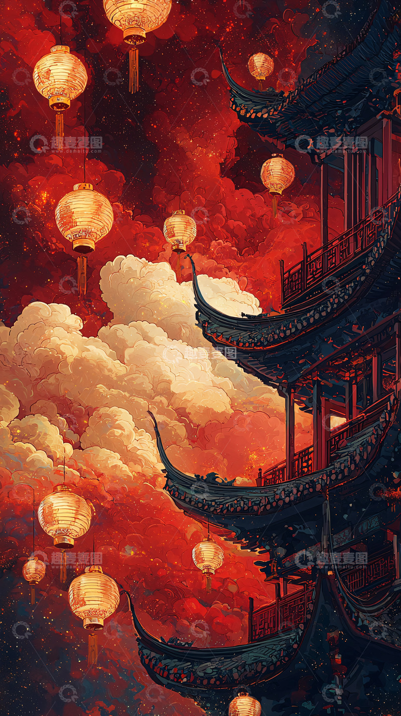 高清大图下载【趣麦麦图】红灯笼古建筑夜景