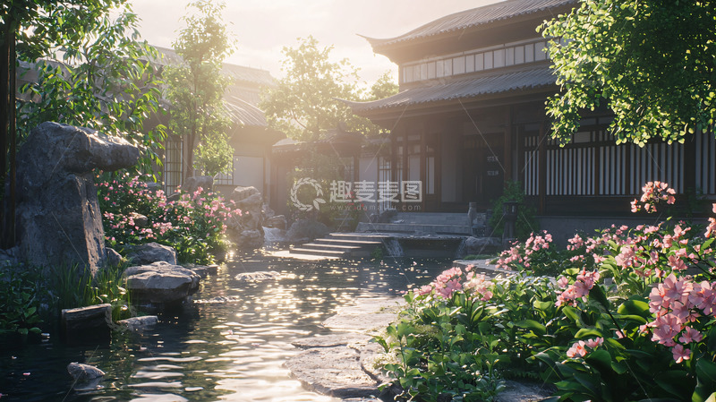 高清大图下载【趣麦麦图】阳光洒在中式庭院