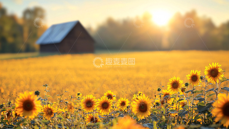 高清大图下载【趣麦麦图】向日葵田野的谷仓沐浴在阳光下